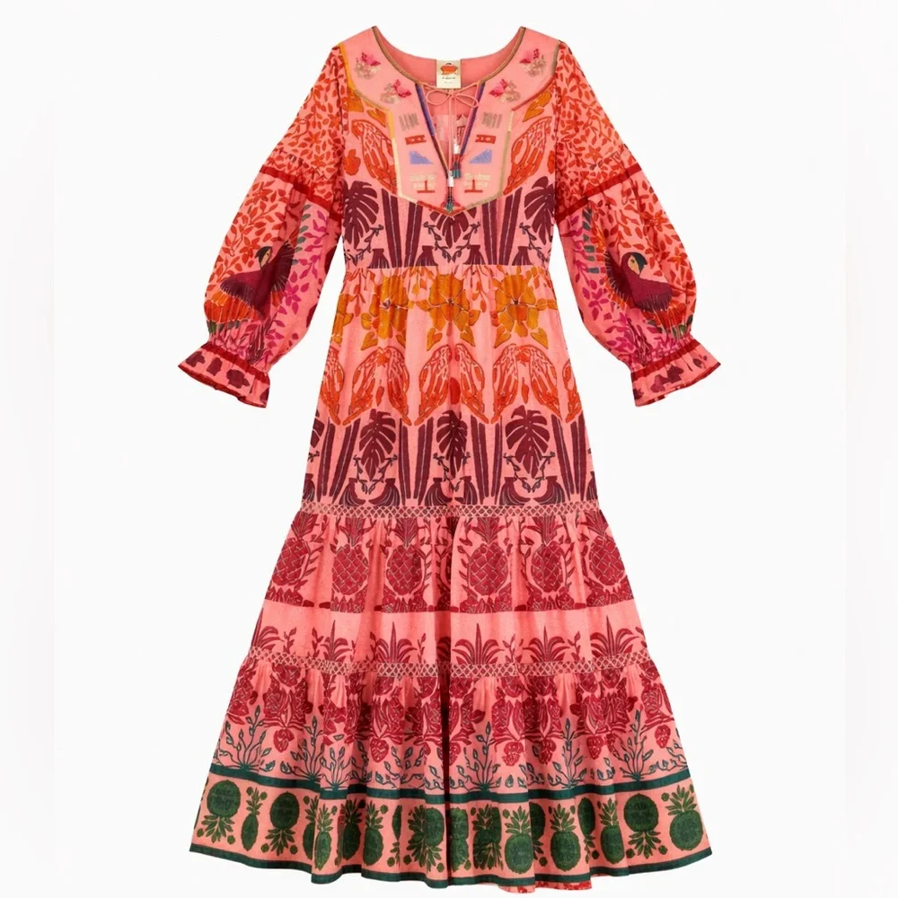 Farm Rio Pink Anika Macaws Maxi Dress XL Tropical Resort Boho Luxury - Picture 2 of 13